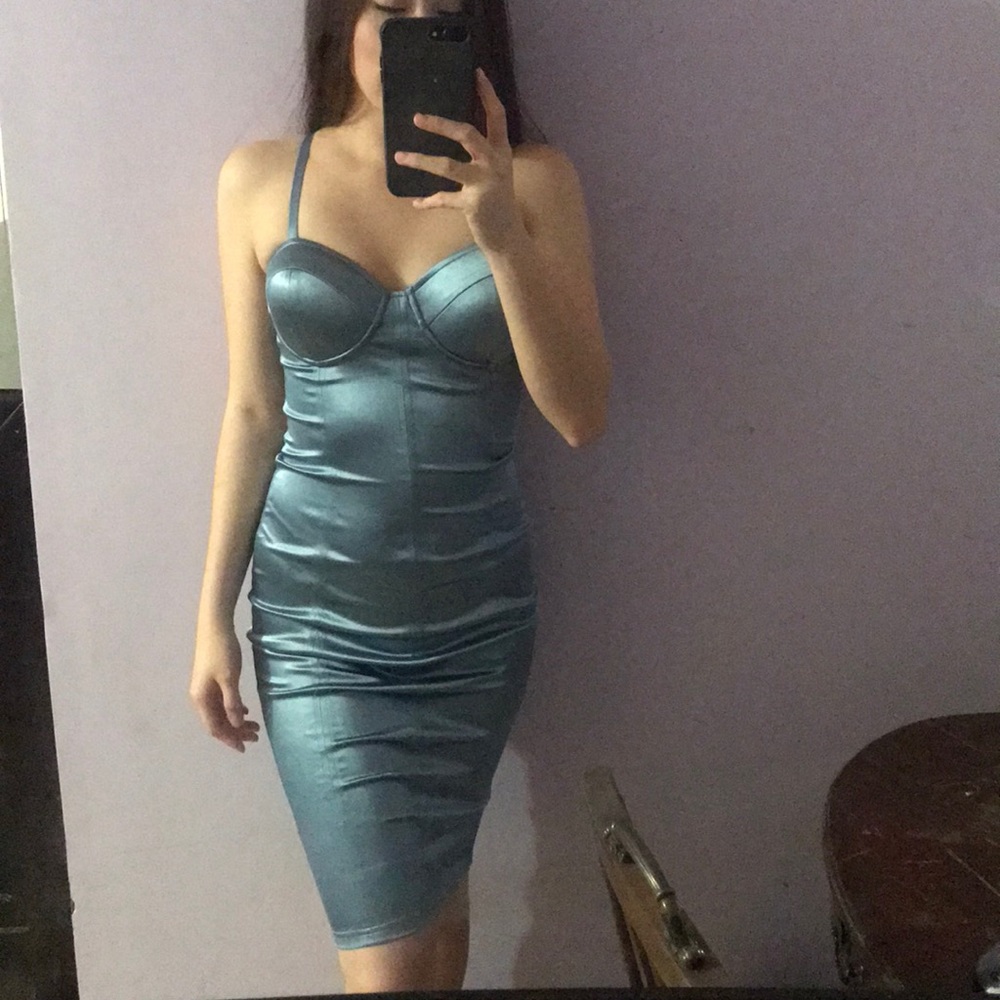 Blue satin body con dress